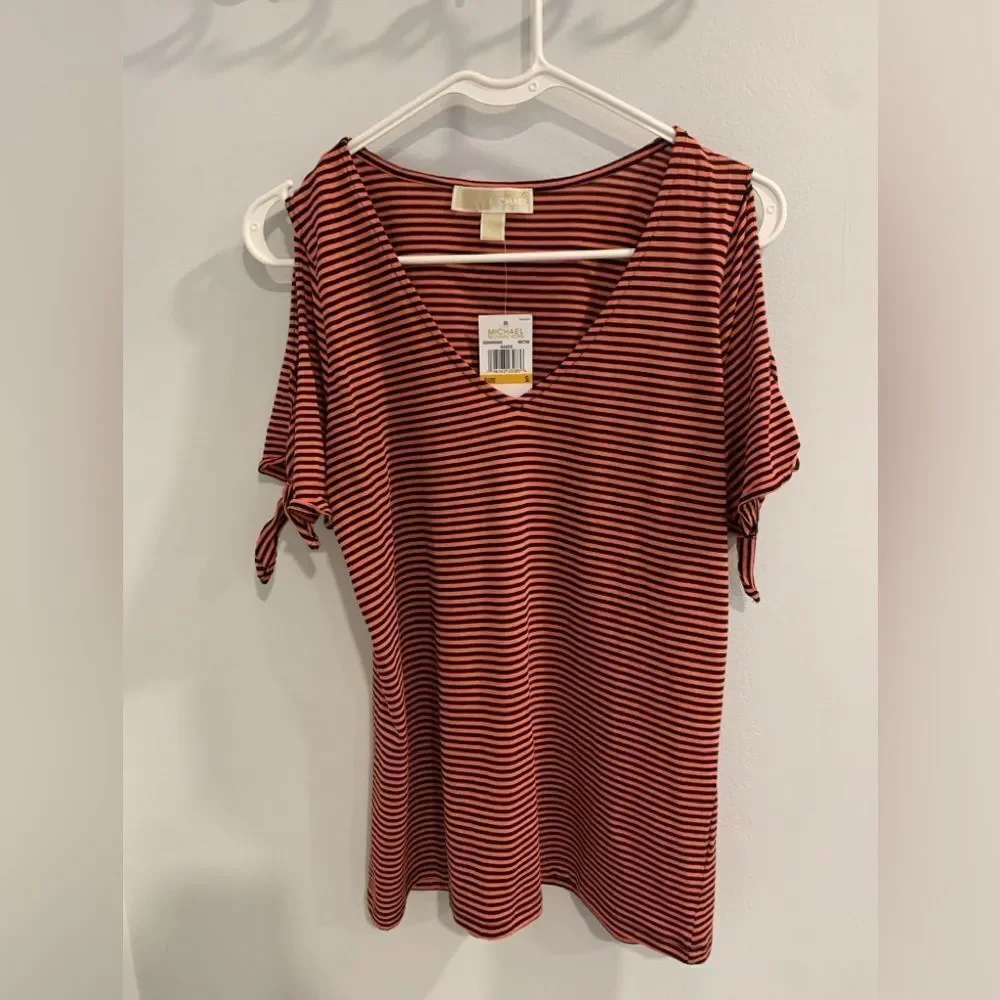 Michael Kors Salmon and Black Striped V-Neck Tee